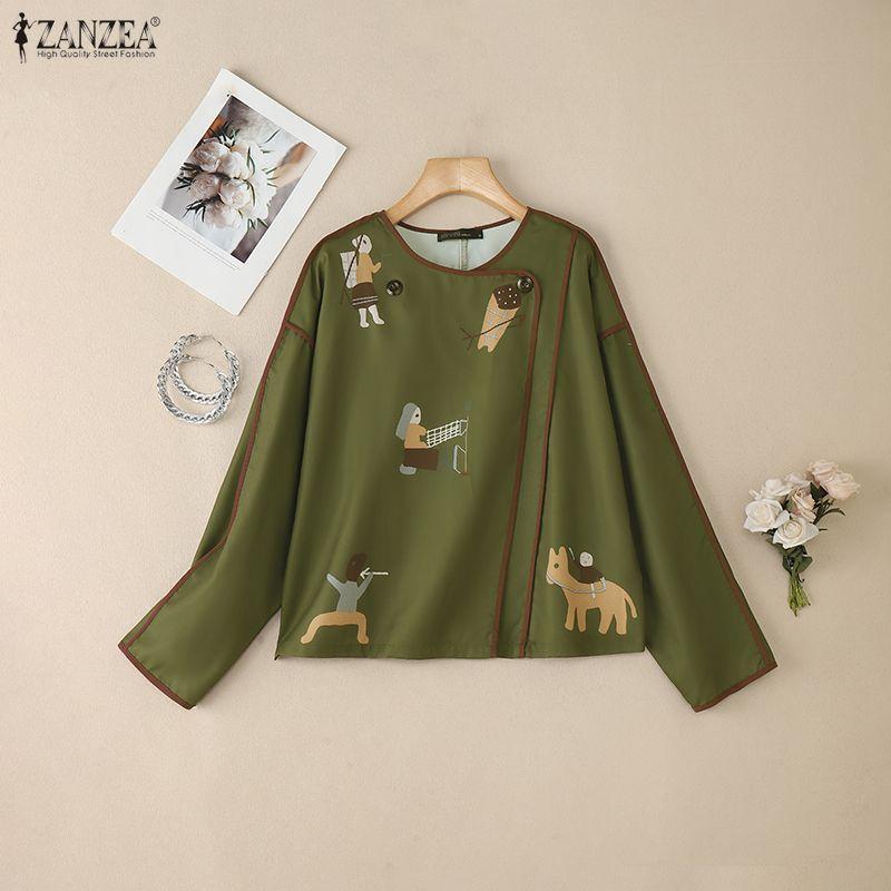 ZANZEA Women Round Neck Loose Casual Long Sleeve Print Blouse