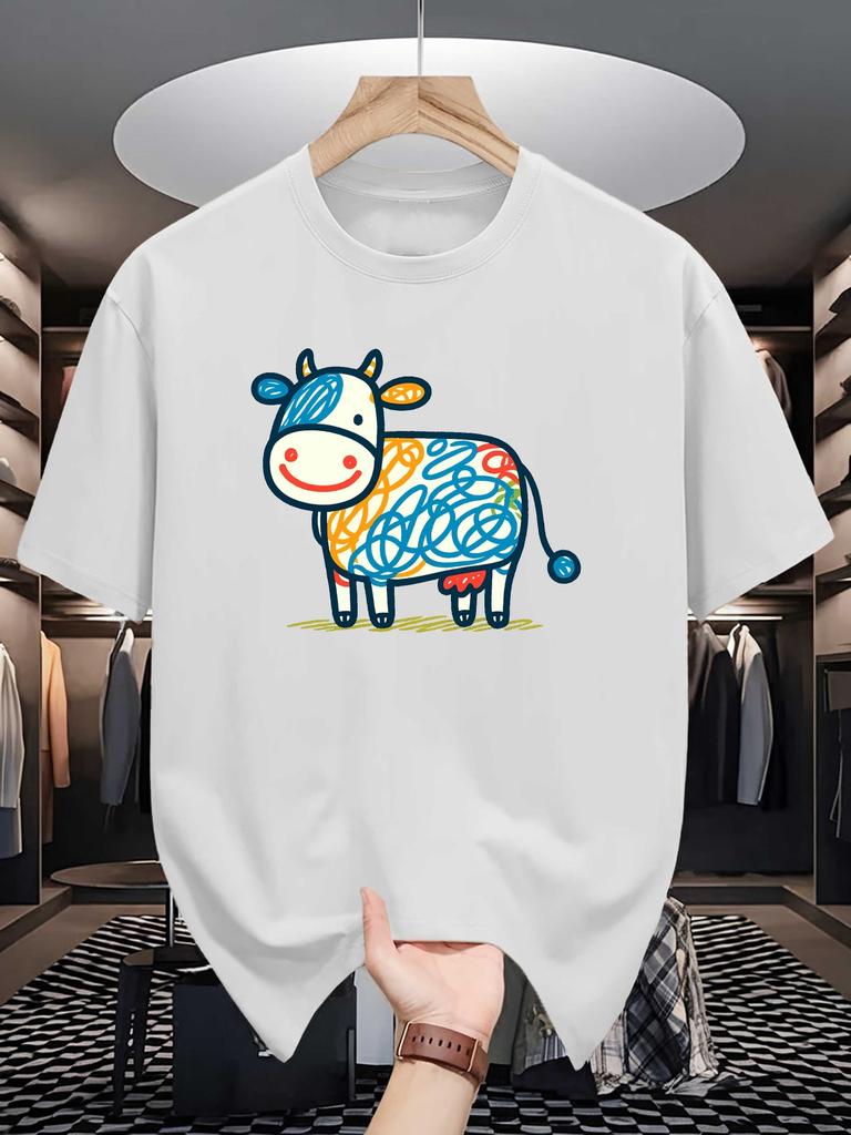 Male Red Round Neck T Shirt Simple Hand Drawn Happy Cow Multicolor Scribble Pattern Lovely Farm Creature Daily Cotton Tee