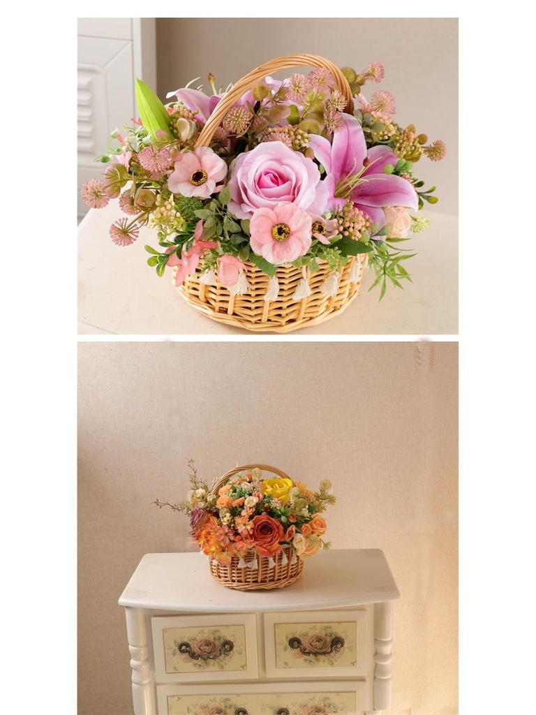 Floral Pastoral Wood Art: Straw, Willow, Rattan Weaving with Artificial Flowers and Basket Ornaments for Home and Living Room Décor