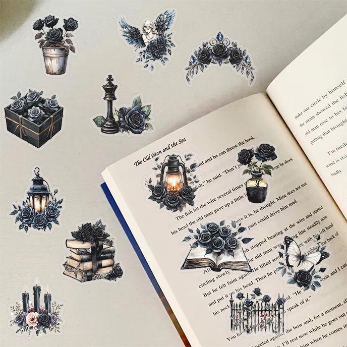 50 ks Tmavě Estetické Černé Růže Samolepky - Goth Styl Vintage Květinové Samolepky Pro Bullet Journal, Láhev na Vodu, Telefon, Kindle, Plánovač, Výrobu Karet