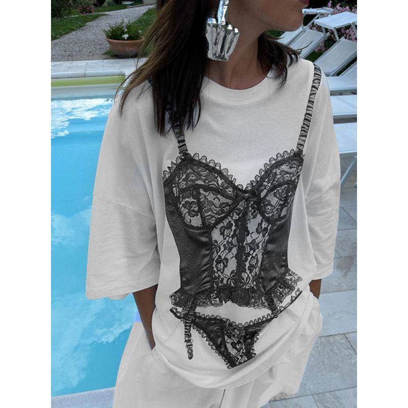 Kkx European and American Sexy Bikini Print White Short-Sleeved T-shirt Female Street Trend All-Match Casual Sexy Tops Summer