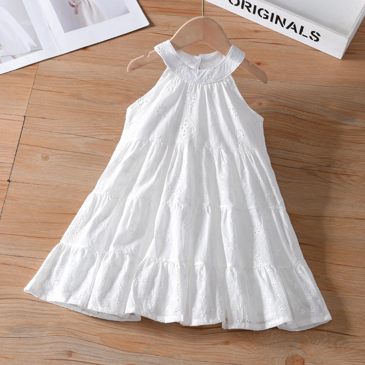 Summer Girls White Lace Embroidered Halter Princess Dress Kids Sleeveless Party Gown 90cm белый