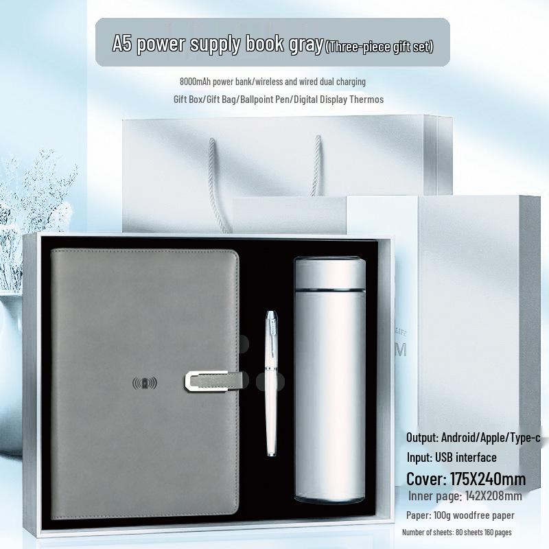 A5 Multi-Function Notebook Gift Set with USB & Wireless Charger - Customizable Logo Option