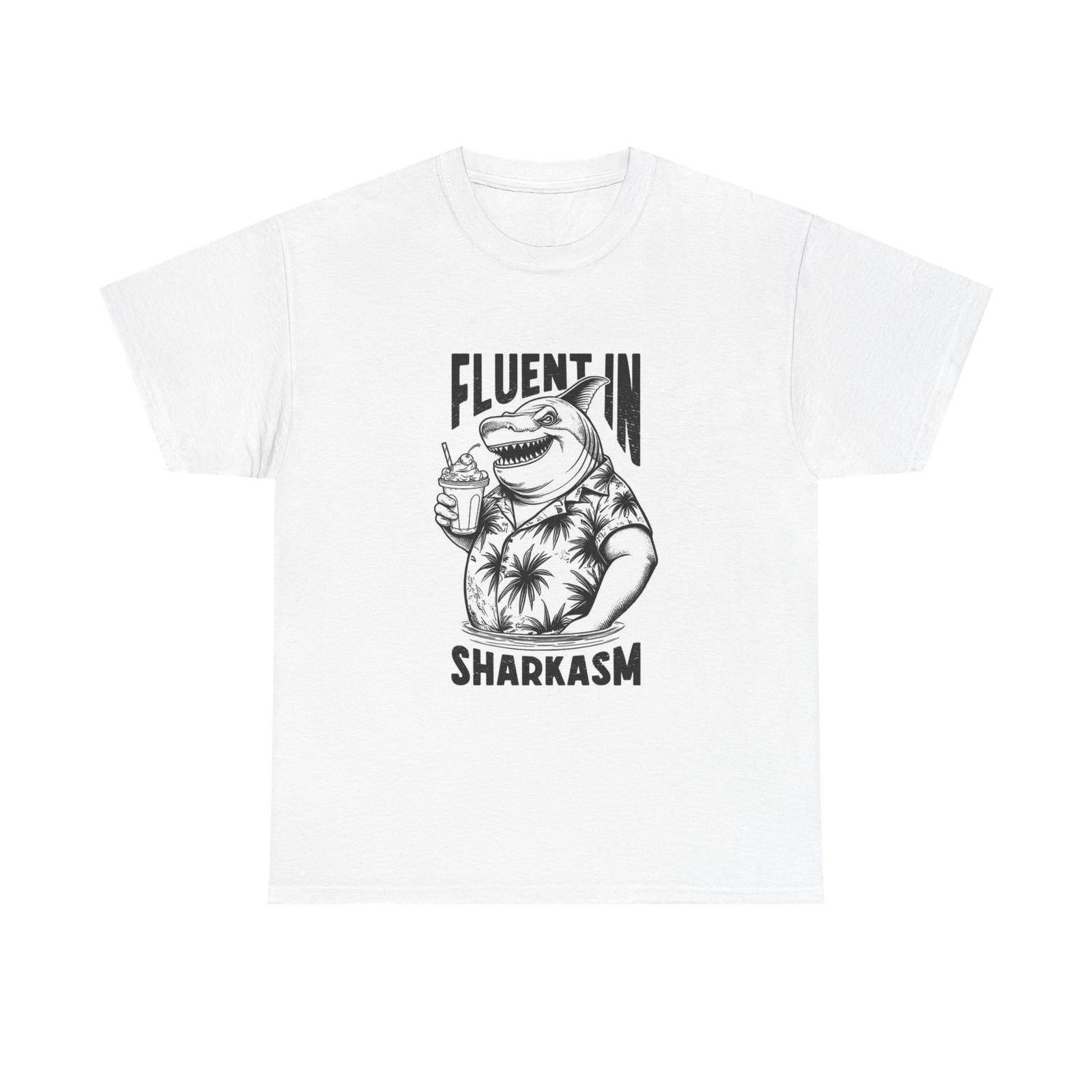 Fluent In Sharkasm Funny Graphic T Shirt Sharks Unisex Heavy Cotton Tee XXL