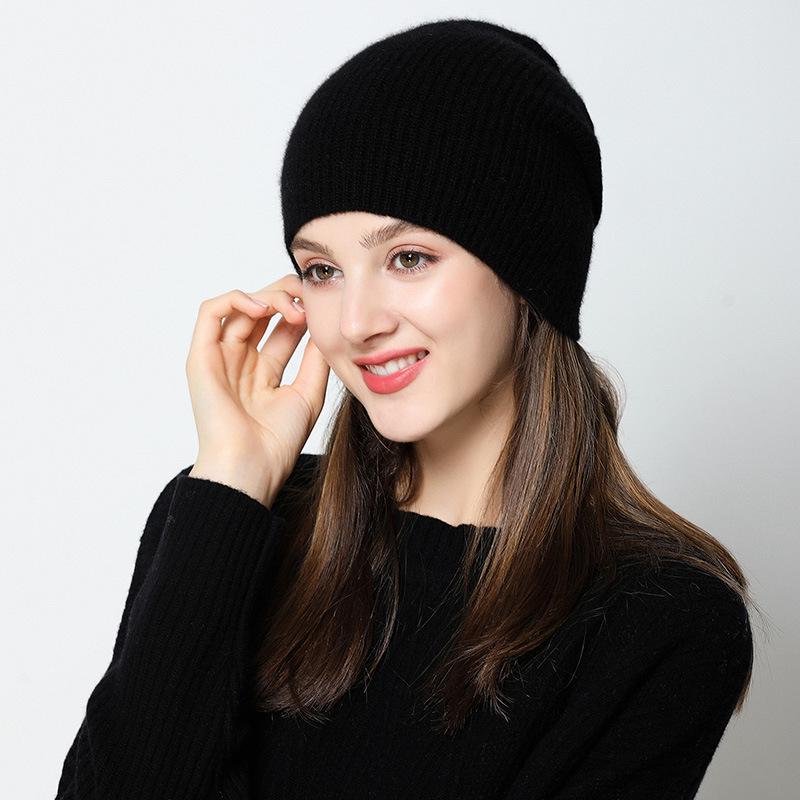 Women's 100% Pure Cashmere Korean Style Striped Hat - Hand-Knitted, Warm, Brimless Dome for Autumn & Winter