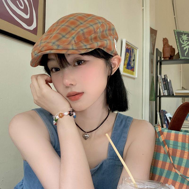Japanese Retro Plaid Forward Hat for Women's Spring and Summer British Style Beret