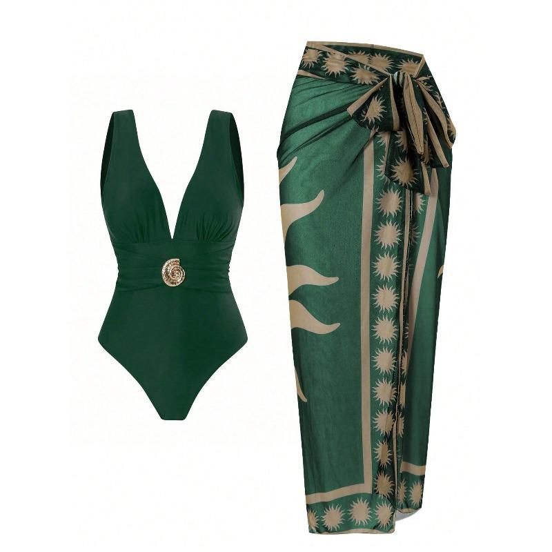 

New One-piece Deep V Sexy Swimsuit French Retro Print Hot Spring Vacation Beach Skirt Set S
