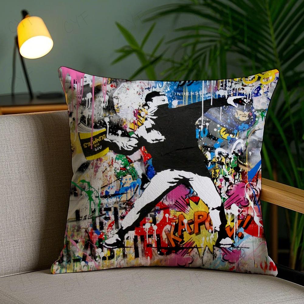 Banksy Street Graffiti Art Pillow Case Anti-Dustmite Pillowcase Invisible Zipper Silky Short Plush Sofa Cushion Cover
