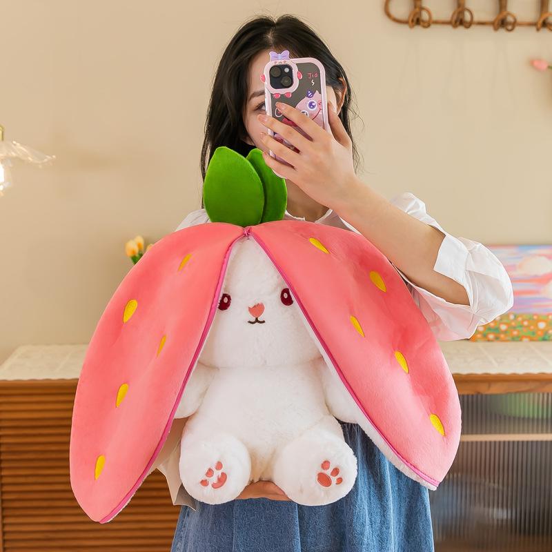 Strawberry Bunny Plush Toy with Big Ears and Carrot Stuffed Doll