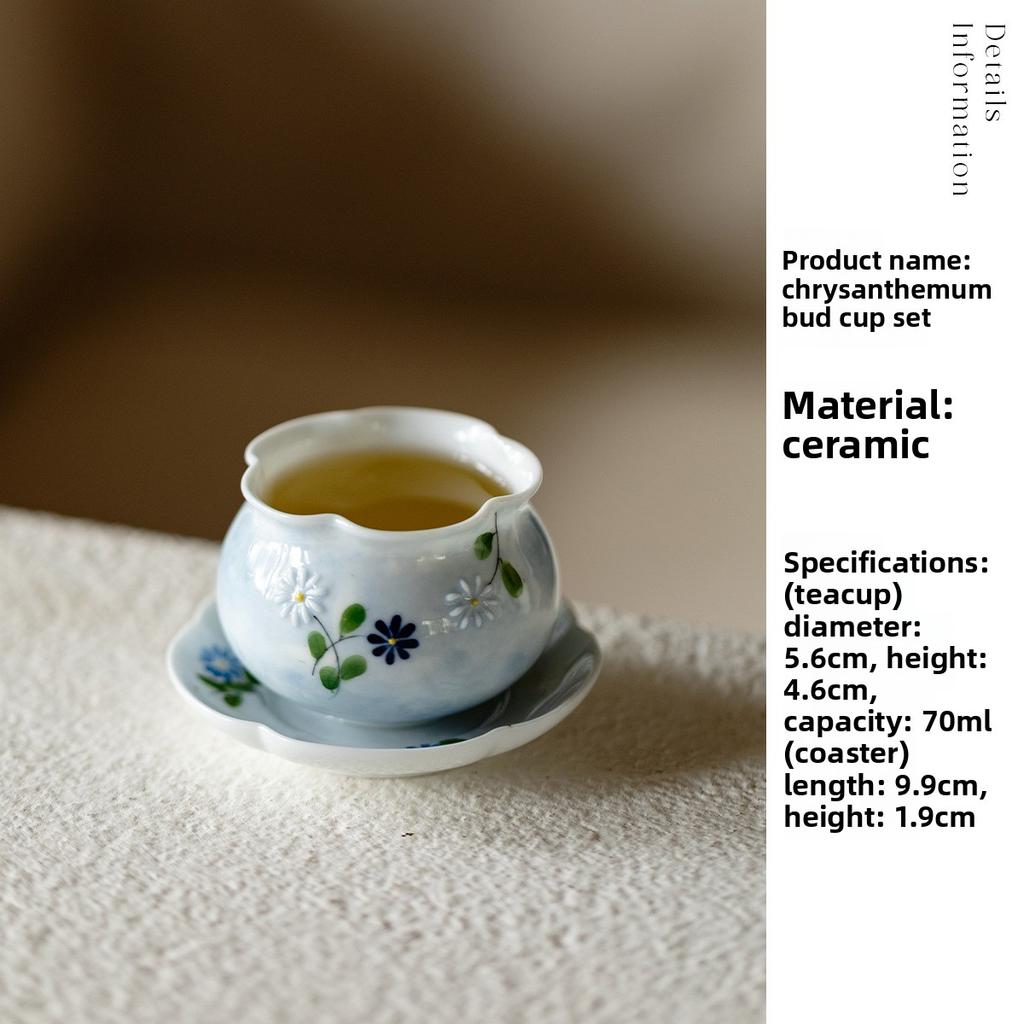 Hand Painted Ceramic Tea Cup Daisy Scalloped Rim Master Cup Chinese Gongfu Tea Set Home Office Use Zen Style Gift
