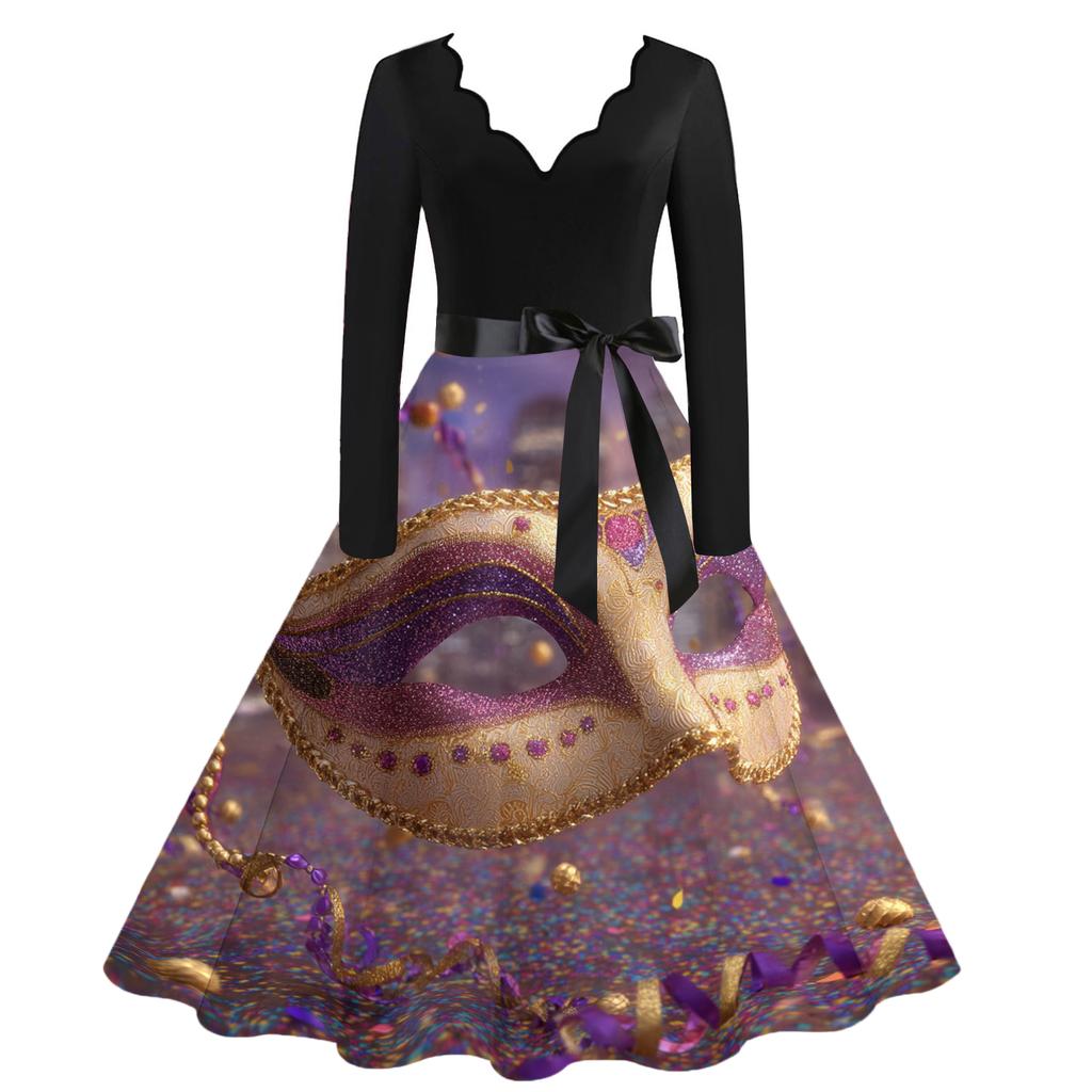 Damen Casual Mode V-Ausschnitt Karneval Bedrucktes Vintage Kleid