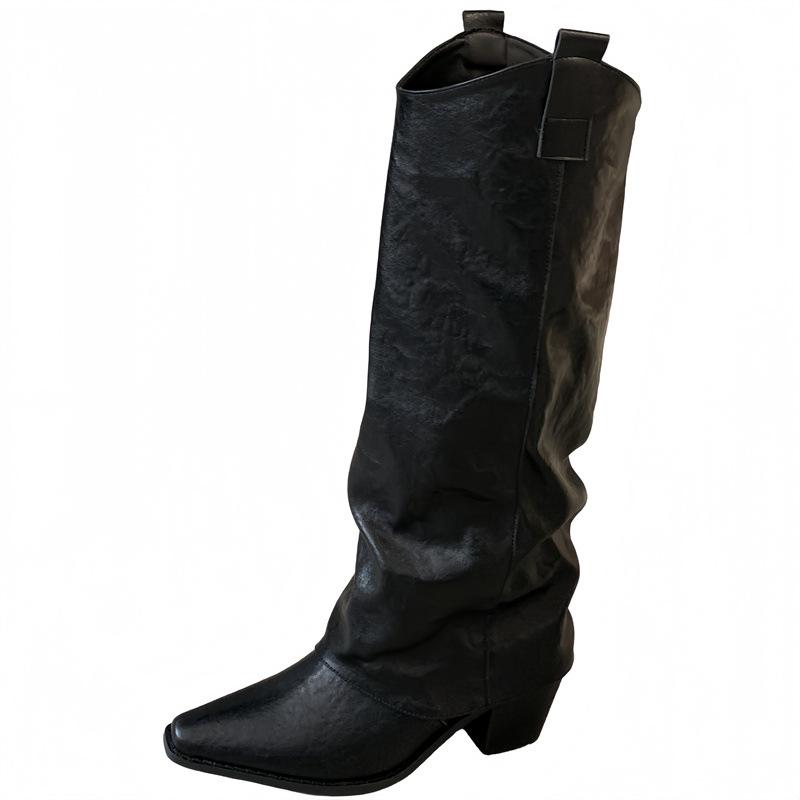 Wasteland leather high-heeled trouser boots women's long black boots autumn and winter new thick-heeled pointed knight boots