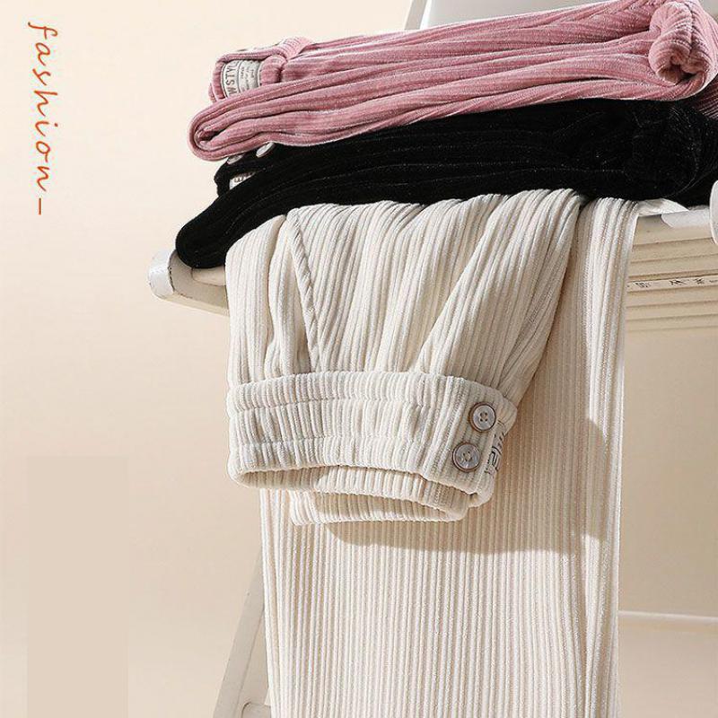 Winter High Waist Wide Legged Pants For Women Elastic Waist Corduroy Floor Length Trousers
