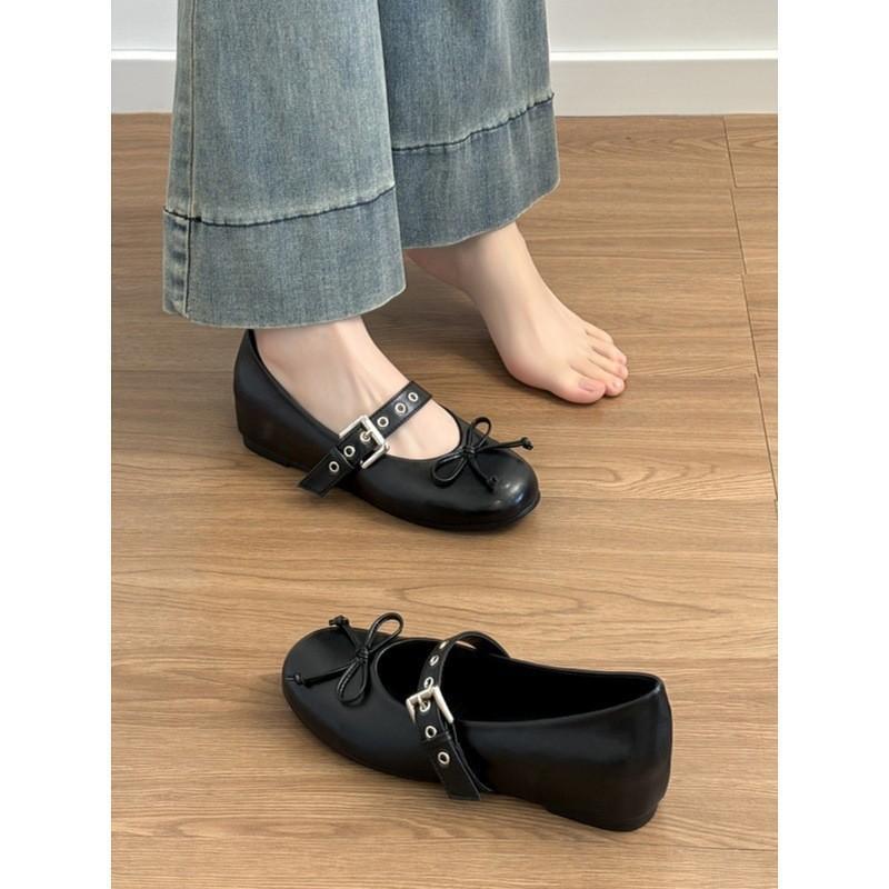 Retro bow inner height increase shallow mouth ballet single shoes women's one-word buckle with Mary Jane shoes