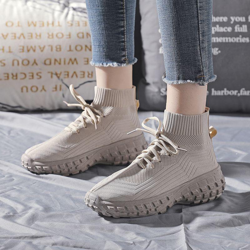 Lace Up Women's High On Platform Shoes Spring Autumn High Top Ankle Boots Aesthetic Fashion 2025 Knitted Casual Ladies Footwear