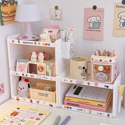 Kawaii Minimalist Desk Storage Organizer Rack With Hook Pen Holder Student Dormitory Stationery Cosmetics Sundry Storage Shelf