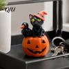 Pink Wizard Hat Cat Halloween Pumpkin Figurine, Retro Black Stacked Resin Decorations Tabletop Figurine for Table Desk Office Mantel Home Fireplace