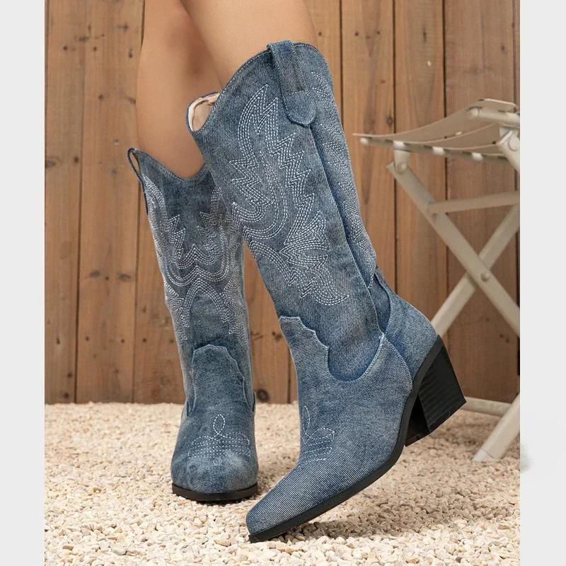 Fashion Fashion Denim Pointed Toe Knee-High Boots Women Hand Embroidery Design Western Square High Heels Autumn Winter Shoes Botas Mujer