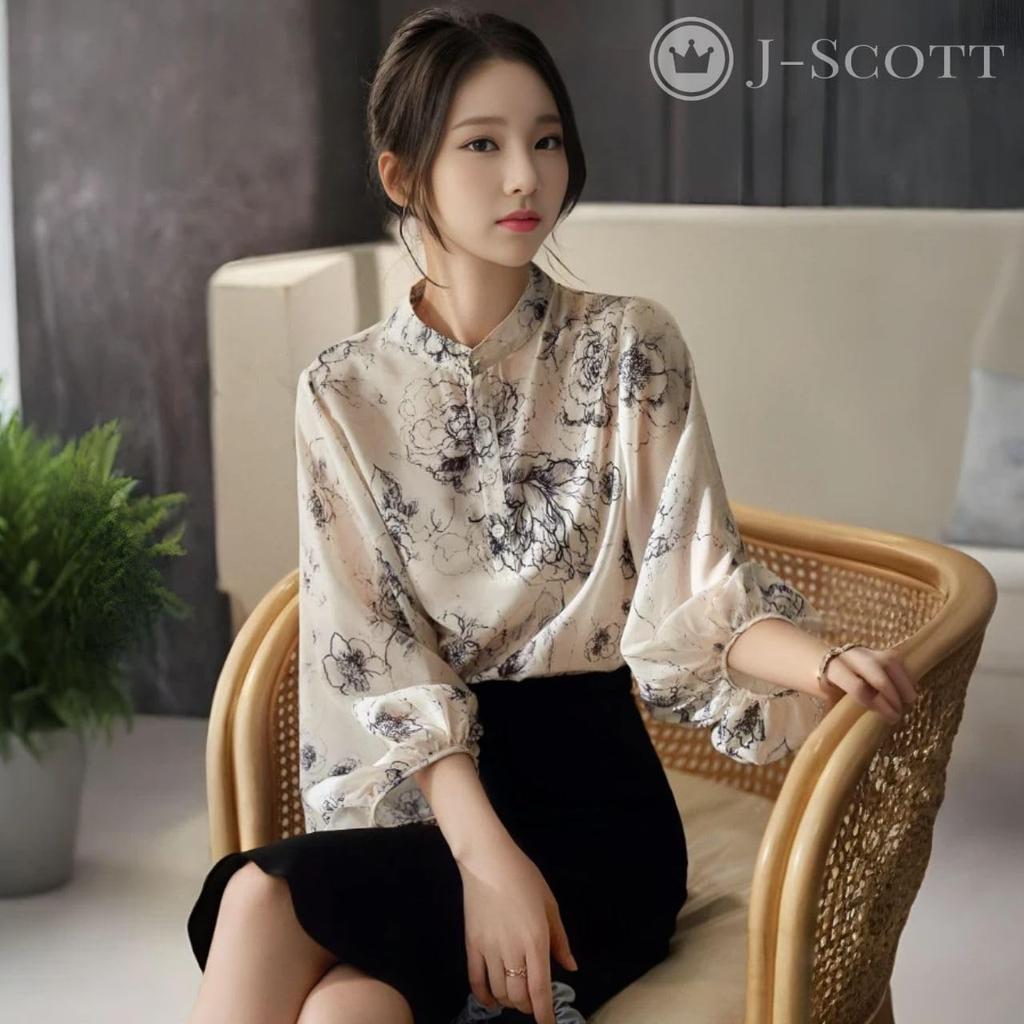 Flower Print Puff J-Scott Painting-Style Blouse, Collarless, Sleeves, Sheer, Lightweight, Refreshing, Ivory, JS46-IV-S