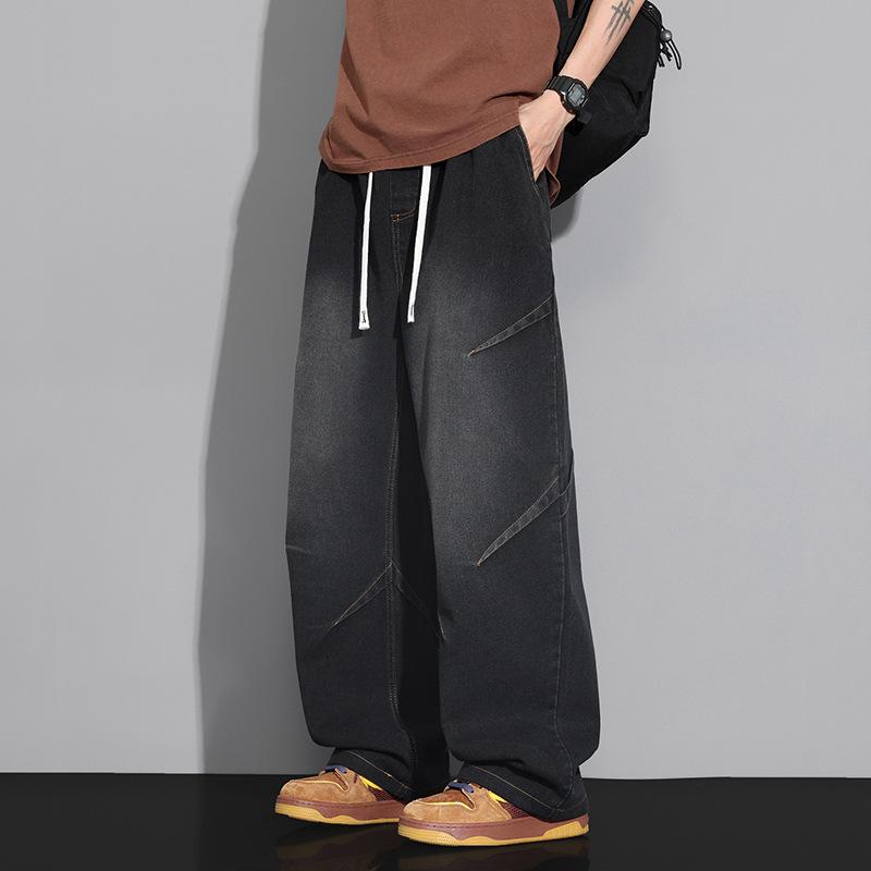 Men's Vintage Blue Wide Leg Drawstring Cargo Jeans - Oversized Streetwear Baggy Denim Trousers
