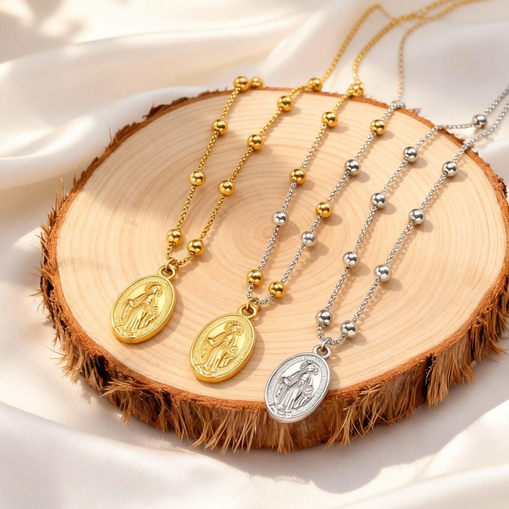Holy Virgin Rosary Necklace for Women,Stainless Steel Bead Chain Necklaces,Classic Oval Mary Pendant Jewelry Gift