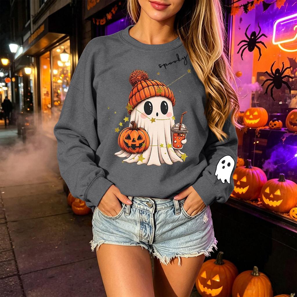 Unisex Lightweight Long Sleeve Neck Pullover Sweatshirt with Halloween Print