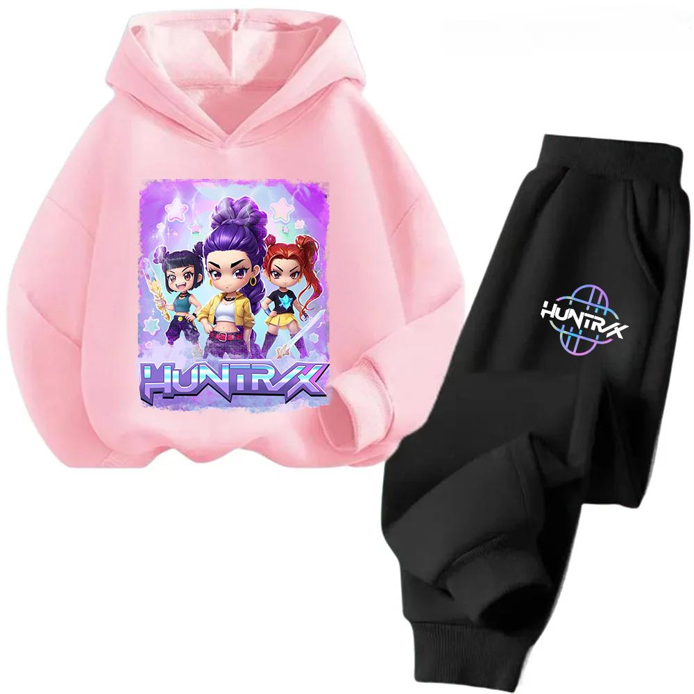 Hot Movie KPop Demon Hunters Fleece Hooded Children's Hoodies Trousers Set Kid Pants Suit Casual Fashion Boy Girl 2pcs Tracksuit