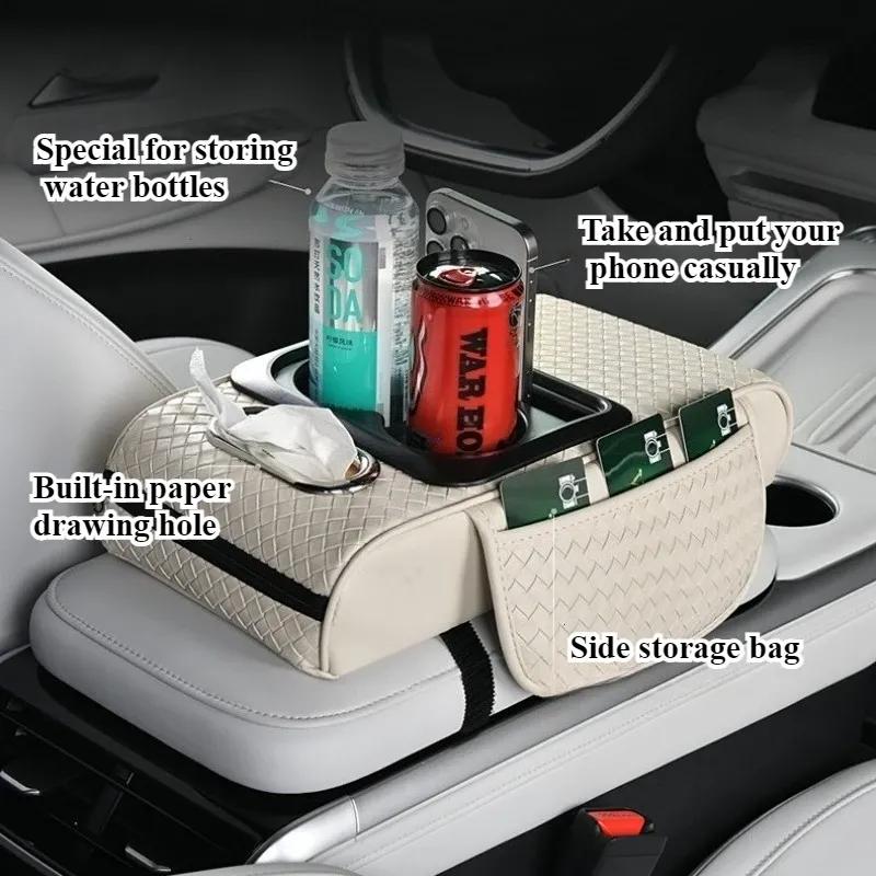 Car Armrest Cushion with Tissue Box Bottle Cup Holder And Phone Storage Pocket Auto Interior Arm Rest Pad for Truck Vehicle