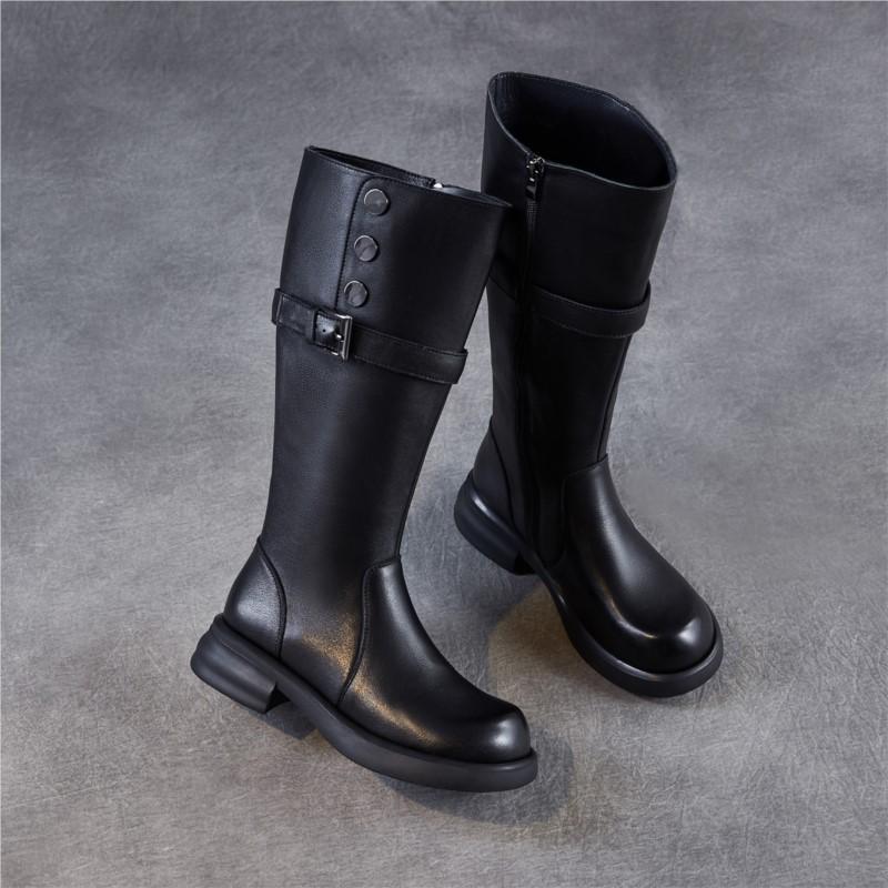 Johnature Skórzane Retro Damskie Kozaki Rycerskie na Grubej Podeszwie Okrągły Nosek Klamra Paska Wysokie Kozaki