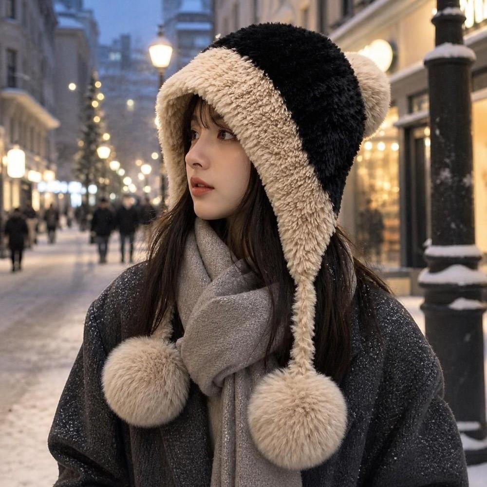 Fluffy Fur Plush Hat Windproof Pullover Hat New Pom-pom Knit Hat  Outdoor