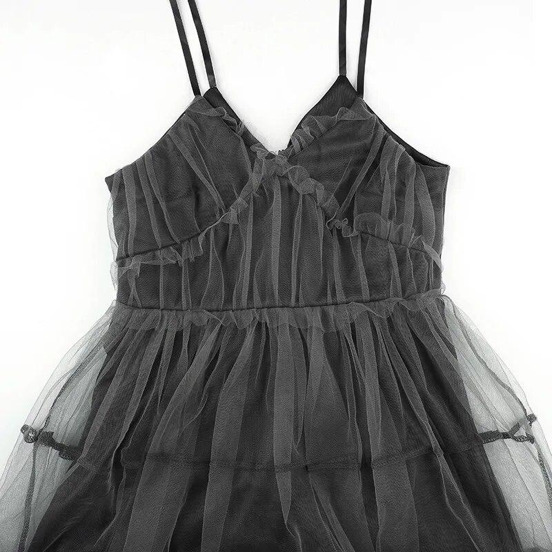 AltGoth Dark Gothic Mesh Dress Women Fairy Grunge Vintage Punk Strapless High Waist Dresses Harajuku Mall Goth Emo Alt Partywear