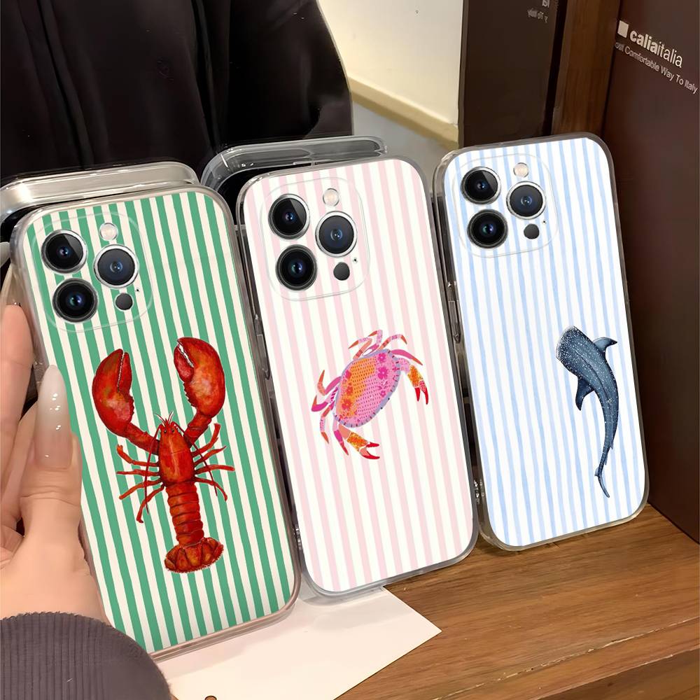 Marine Life Crabs Lobsters For IPhone 11 12 13 14 15 16 17 Pro Max Plus Air Transparent Clear Shockproof Case