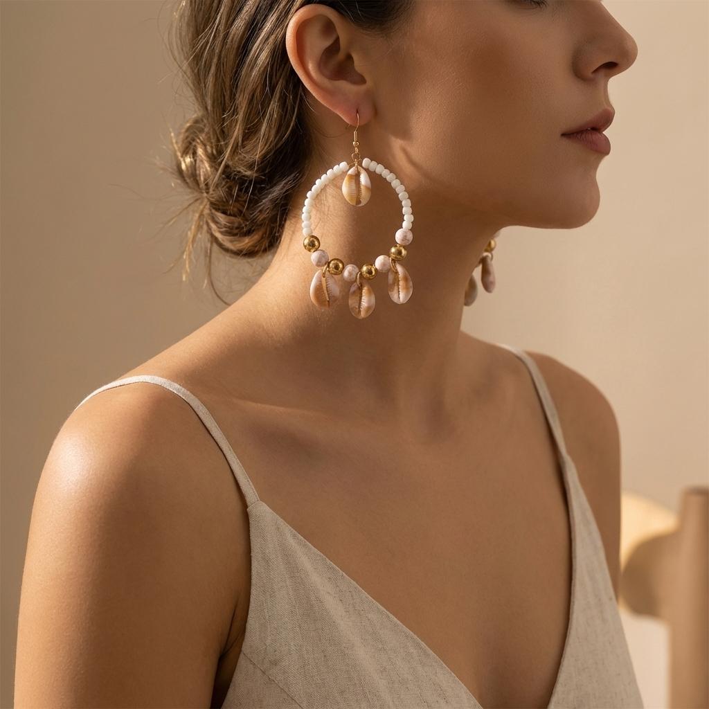 Handmade Beaded Woven Hoop Earrings with Spotted Shell Drop for Women Tribal Dreamcatcher Boho Summer Beach Vacation Jewelry