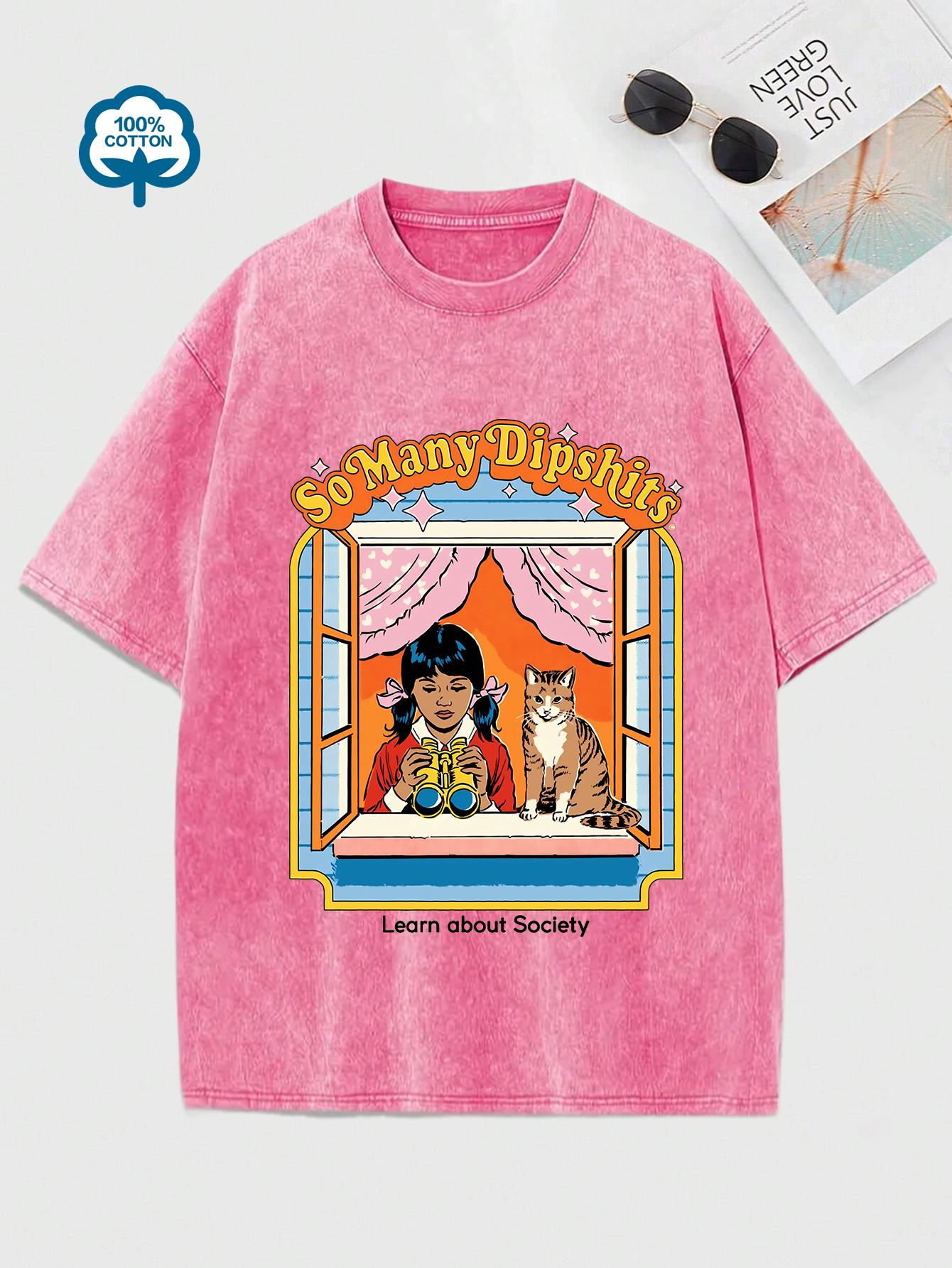 

Funny Comic Girl And Cat Printing Women Washed T Shirts Hip Hop Breathable Cotton TShirt Street Summer Fashion Distressed Tops S