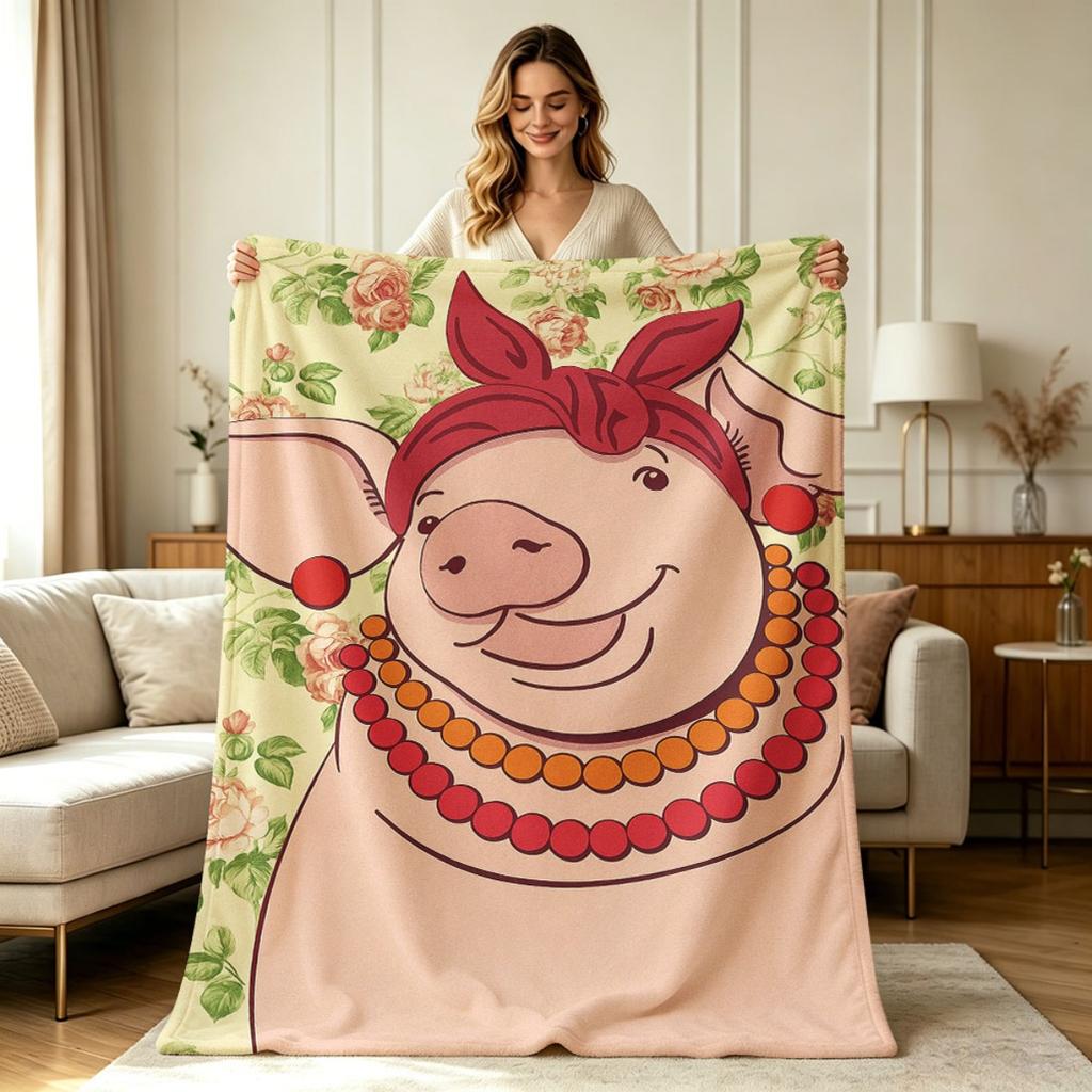 Soft Flannel Blanket with Cute Pig And Rose Floral Print All Season Warm Lightweight Throw Blanket for Sofa Couch Bedroom Living Room Office Home Deco