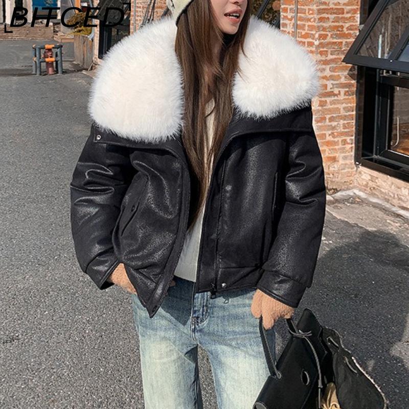 BITCED Women's Short Down Jacket with Oversized Fur Collar Winter Stylish Quilted Coat Thickened Outerwear American Style