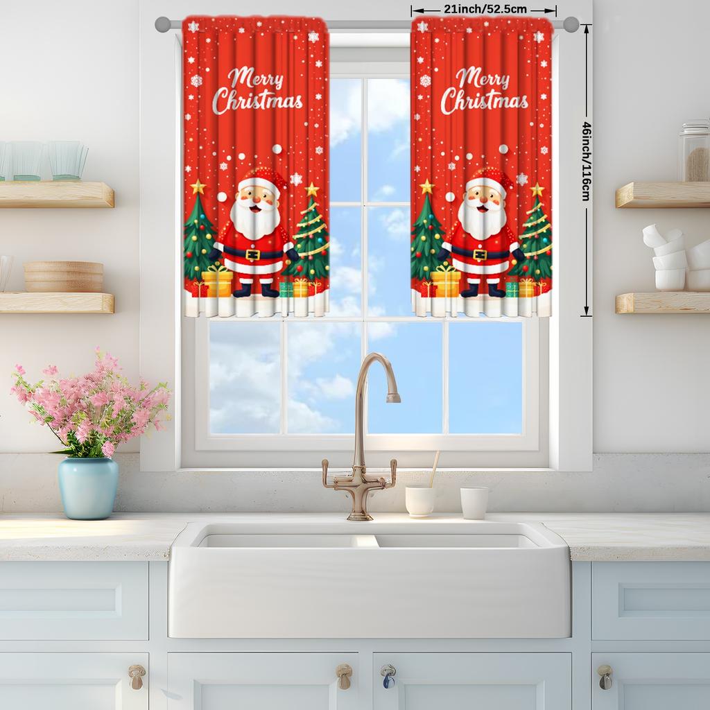 2pcs Santa Claus Illustration Printed Curtain for Christmas Home Decor -Rod Pocket Window Treatment for Bedroom   Office   Kitchen