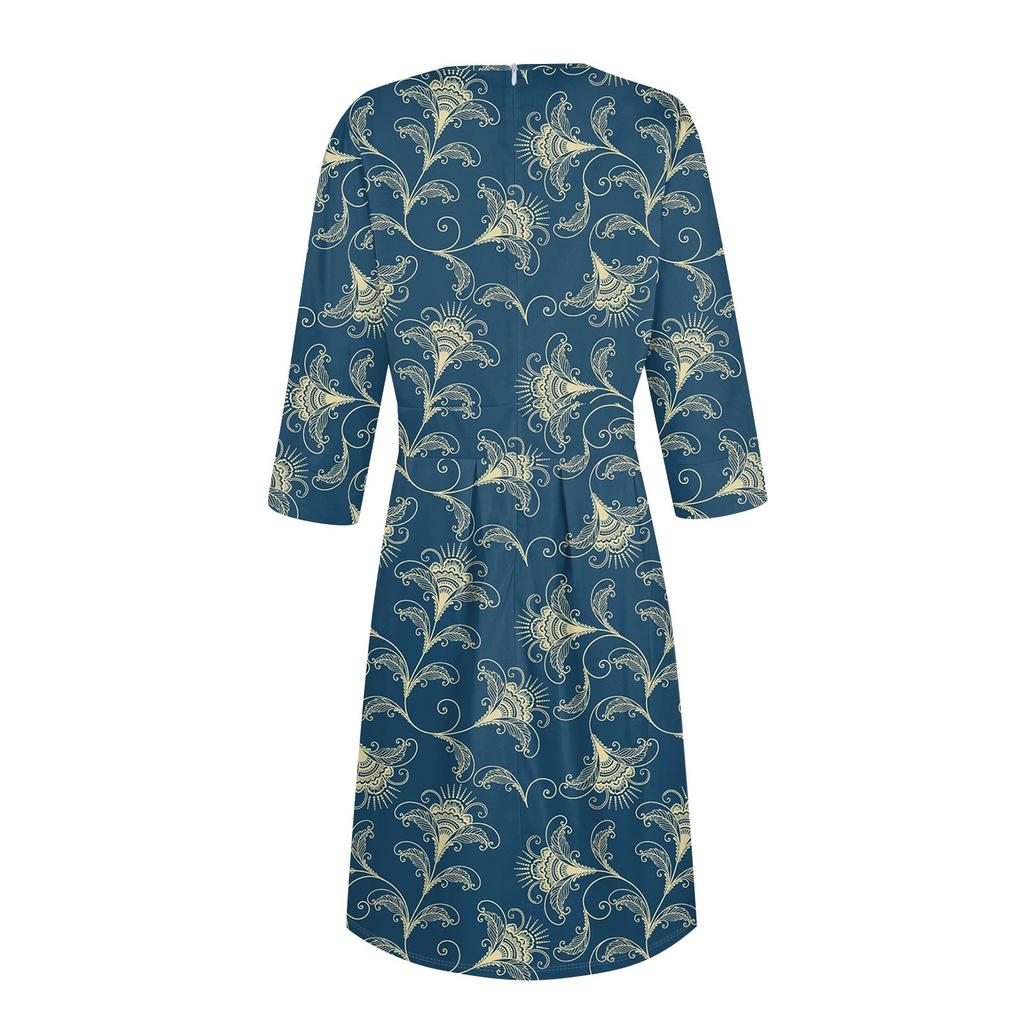 Lässiges und modisches Kleid für Damen mit Blumenmuster, 3/4-Ärmeln, Tasche und Reißverschluss auf der Rückseite