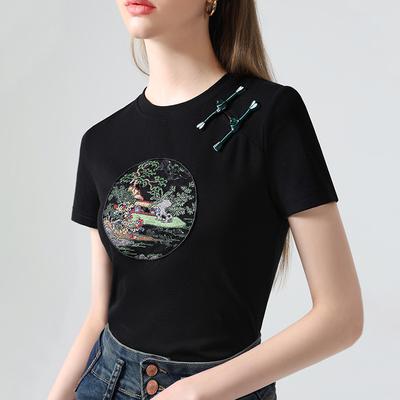 Retro Button Short-sleeved T-shirt for Women's New Women's Round Neck Cotton T-shirt New Chinese Style Light Chinese Style Embroidered Top