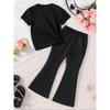 Girls' Casual Sports Short Sleeved and Flared Pants Set, Girls' Group Pattern Printed Fashionable Girls' Sportswear