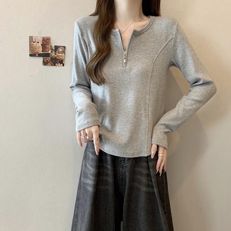 2026 Spring Plus Size Women's Korean-Style Half-Zip Slimming Long-Sleeve Top