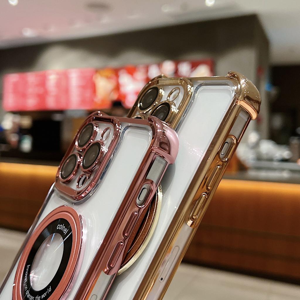 Fashion Plating Magnetic Bracket Case for 17 16 15 14 13 12 Pro Max Case With Holder Stand Shockproof Cover for Magsafe