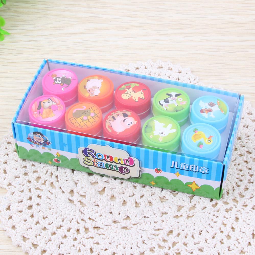 10 Pcs/Set Cute Stamp Toy Cartoon Dinosaur Animal Marine Life Encourage Pattern Round Plastic DIY Toy Seal with Box for Kids