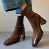 Women's New Winter Thick Heel Cotton Boots Square Head Splicing Suede Back Zipper Anti-slip Wear-resistant Short Boots