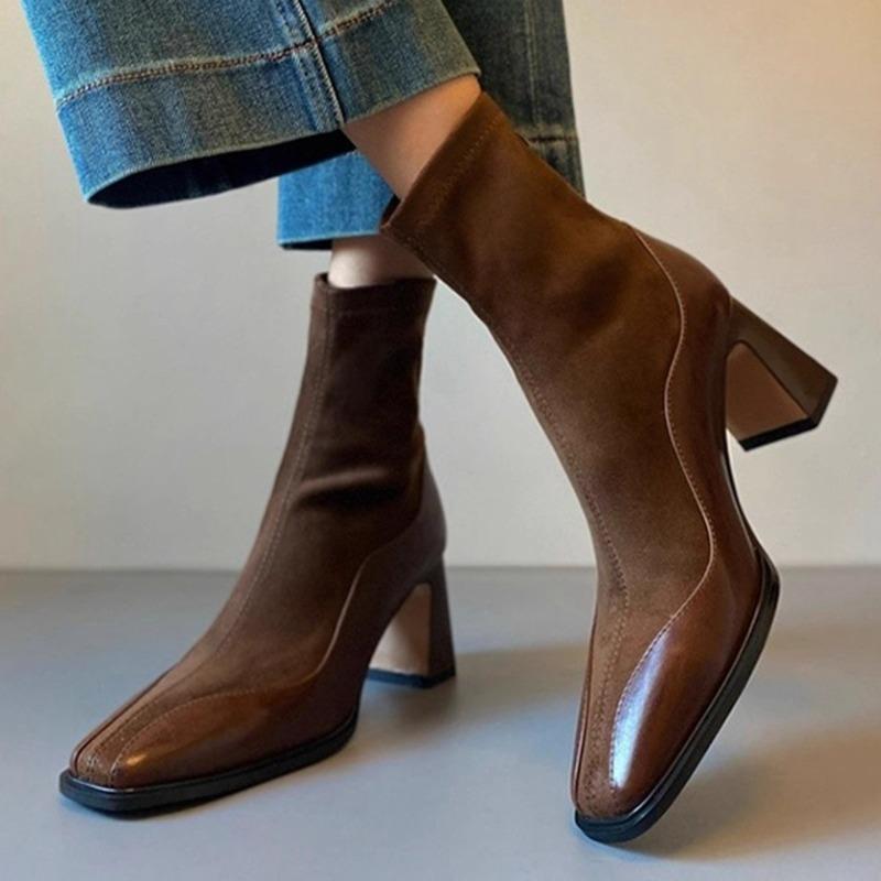 Women's New Winter Thick Heel Cotton Boots Square Head Splicing Suede Back Zipper Anti-slip Wear-resistant Short Boots