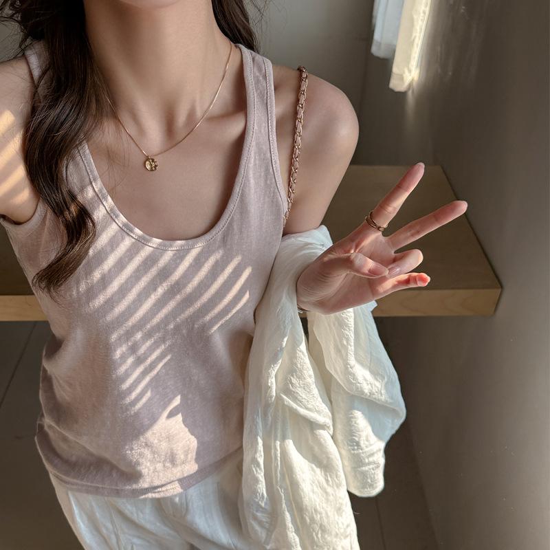 U-neck loose and loose design, bottom vest, women's inner sling, outer wear, lazy cotton sleeveless solid color top