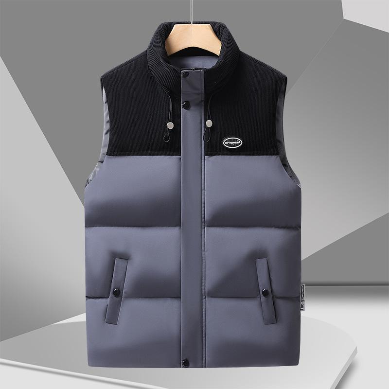 Vest Men's Autumn and Winter New Trendy Men's Stand-up Collar Splicing Thickened Warm Fleece Cotton Casual Trendy Vest Jacket