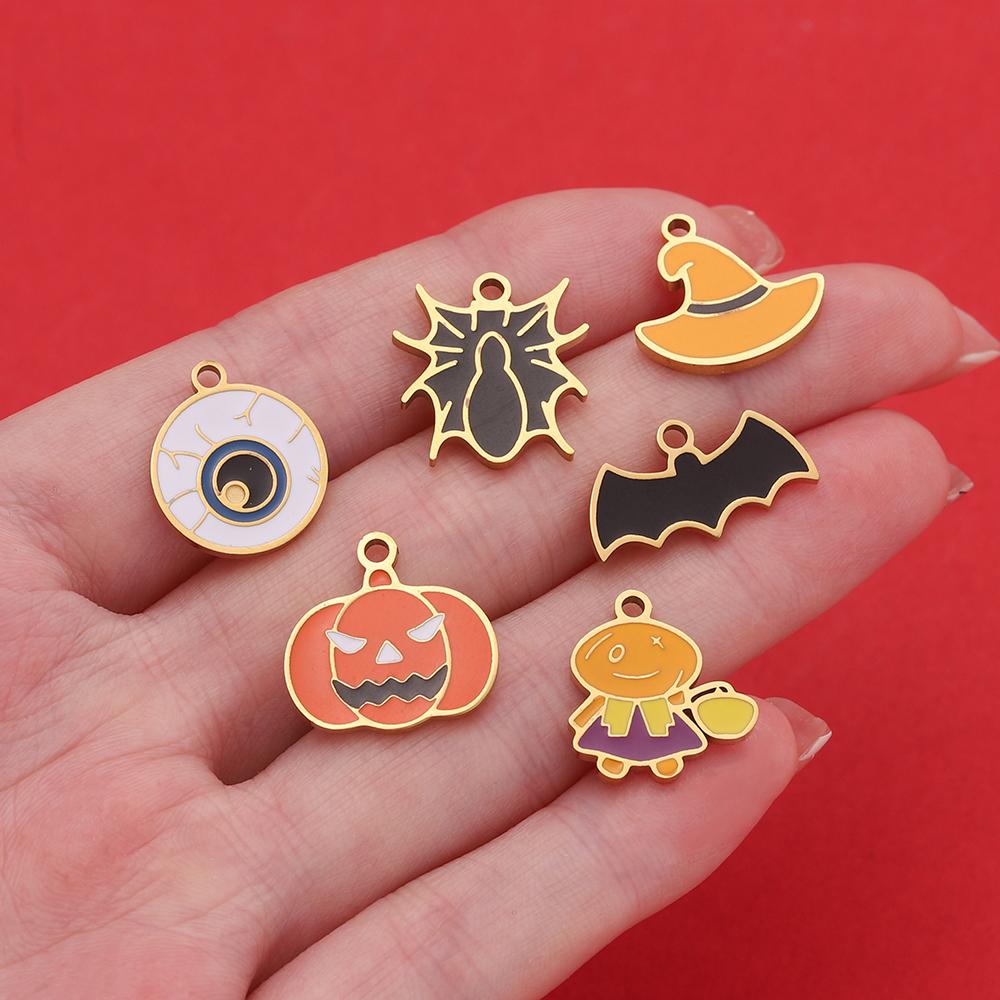 1pcs Stainless Steel Cartoon Halloween Enamel Charms Pumpkin Skeleton Ghost Bat Cat Pendants for DIY Jewelry Making Accessories