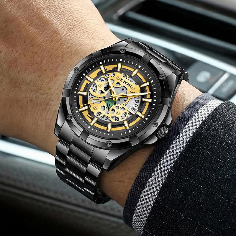 Reloj de Cuarzo para Hombre Negro Esqueleto Hueco Resistente al Agua Reloj para Hombre Deportes al Aire Libre Luminoso Fecha Reloj Masculino Relogios Masculino
