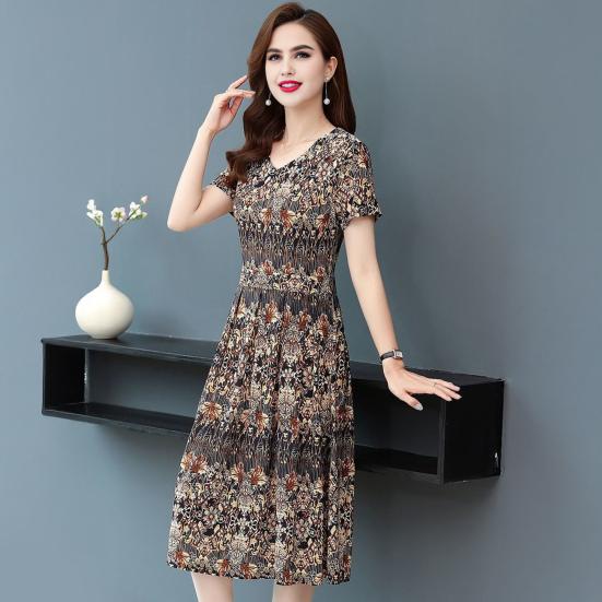 Vintage Floral Print Midi Dress for Women Short Sleeve Smocked Waist A-Line Dress Summer V Neck Swing Sundress